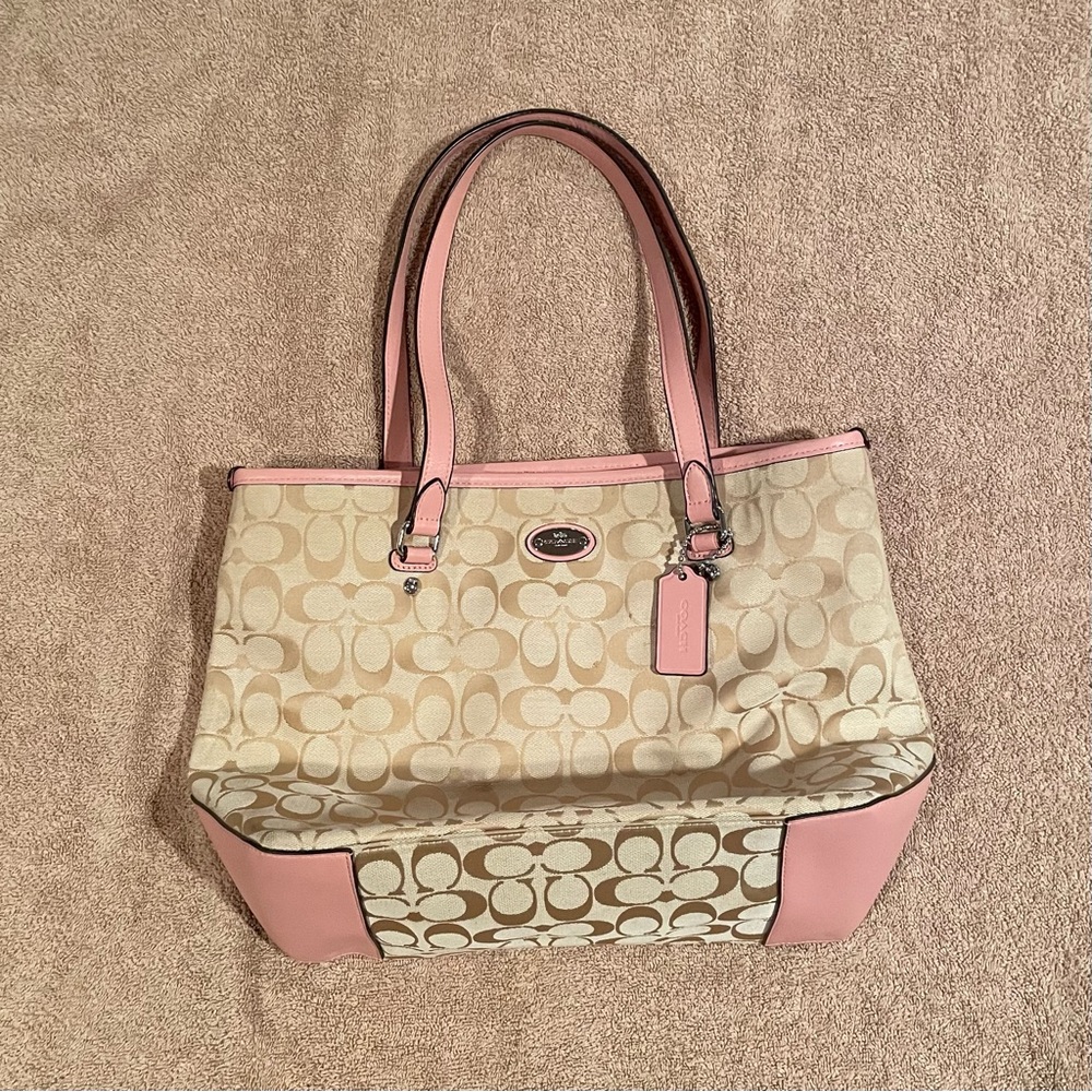 Coach Pink and Cream Monogram Tote with Leather Trim